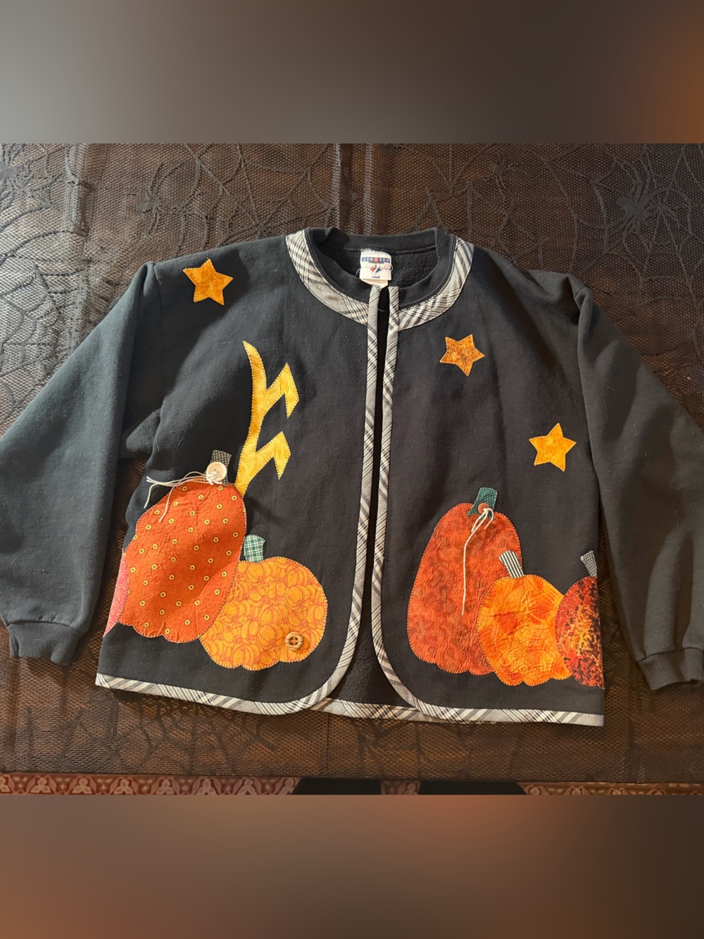 Grannycore Pumpkin Appliqué Open Sweatshirt Cardigan